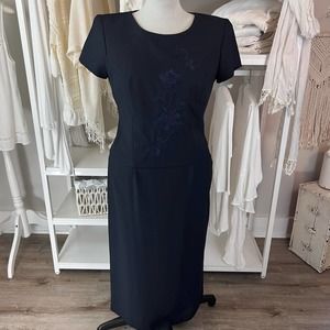 Classic Navy Midi Dress with Subtle Floral Embroidery